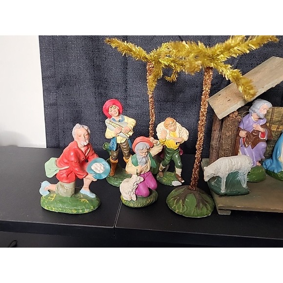 Antique 40s German Putz Chalkware Nativity Set w/ Creche 17pc Composition Palm - Picture 2 of 12